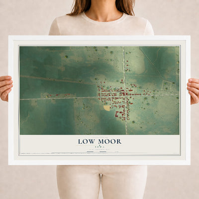 Map of Low Moor, Iowa, 18 x 24 inch print in a white wood frame