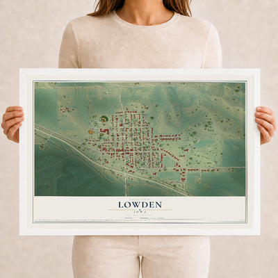 Map of Lowden, Iowa, 12 x 18 inch print in a white wood frame