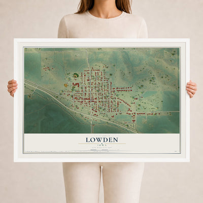 Map of Lowden, Iowa, 24 x 36 inch print in a white wood frame