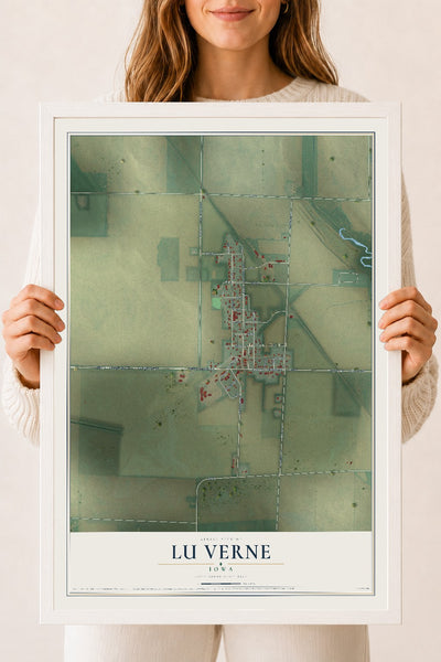 Map of Lu Verne, Iowa, 18 x 24 inch print in a white wood frame
