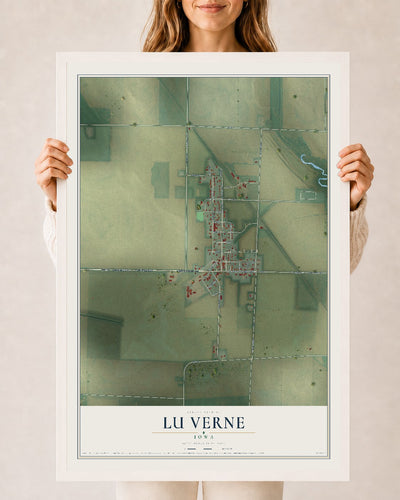 Map of Lu Verne, Iowa, 24 x 36 inch print in a white wood frame