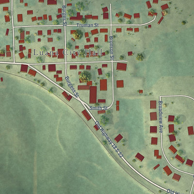 Close-up of the map of Luana, Iowa print showing street and building detail