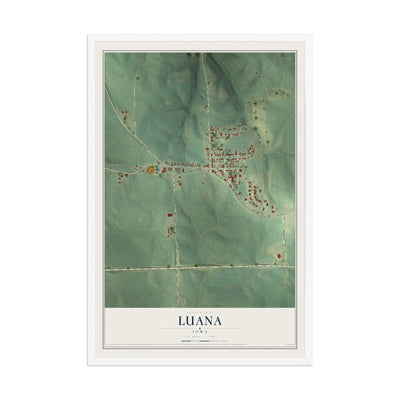 Map of Luana, Iowa, 12 x 18 inch print in a white wood frame