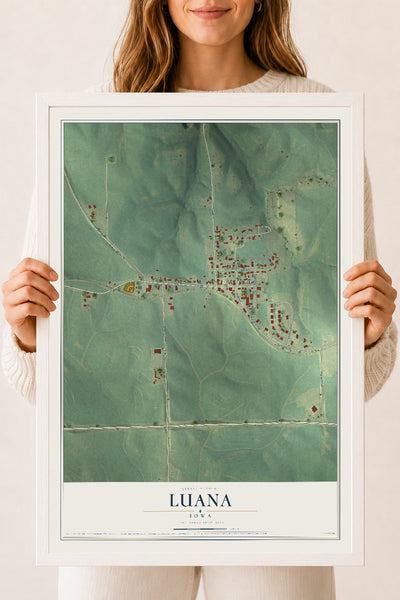 Map of Luana, Iowa, 18 x 24 inch print in a white wood frame