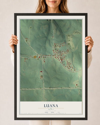 Map of Luana, Iowa, 24 x 36 inch print in a black wood frame