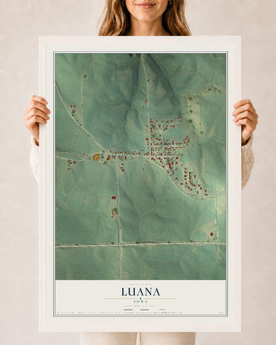 Map of Luana, Iowa, 24 x 36 inch print in a white wood frame