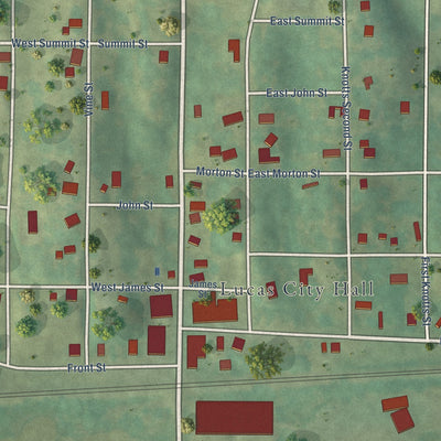 Close-up of the map of Lucas, Iowa print showing street and building detail