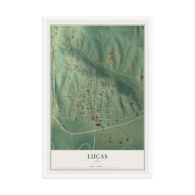 Map of Lucas, Iowa, 12 x 18 inch print in a white wood frame