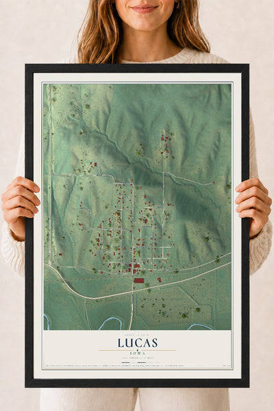 Map of Lucas, Iowa, 18 x 24 inch print in a black wood frame