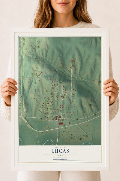 Map of Lucas, Iowa, 18 x 24 inch print in a white wood frame