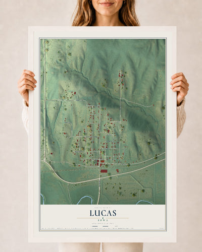 Map of Lucas, Iowa, 24 x 36 inch print in a white wood frame