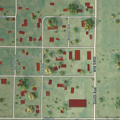 Close-up of the map of Luther, Iowa print showing street and building detail