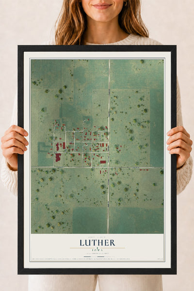 Map of Luther, Iowa, 18 x 24 inch print in a black wood frame