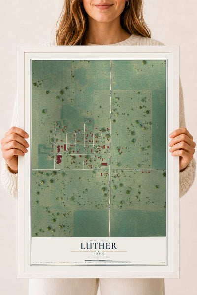 Map of Luther, Iowa, 18 x 24 inch print in a white wood frame