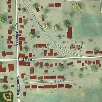 Close-up of the map of Luxemburg, Iowa print showing street and building detail