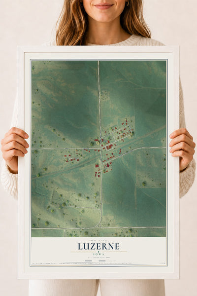 Map of Luzerne, Iowa, 18 x 24 inch print in a white wood frame