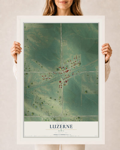 Map of Luzerne, Iowa, 24 x 36 inch print in a white wood frame
