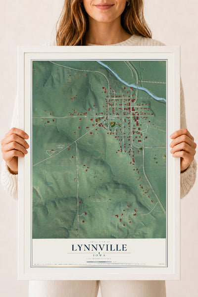 Map of Lynnville, Iowa, 18 x 24 inch print in a white wood frame