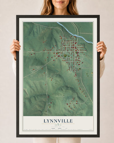 Map of Lynnville, Iowa, 24 x 36 inch print in a black wood frame