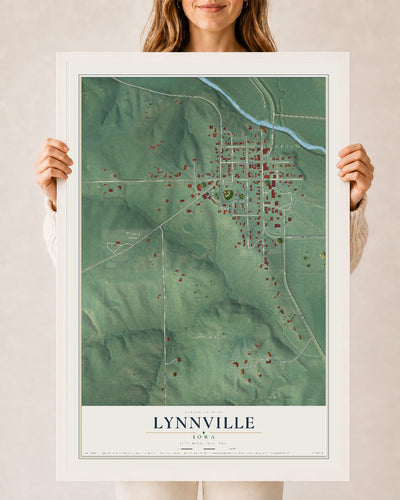 Map of Lynnville, Iowa, 24 x 36 inch print in a white wood frame
