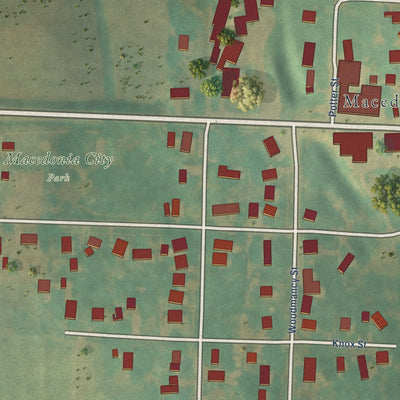 Close-up of the map of Macedonia, Iowa print showing street and building detail