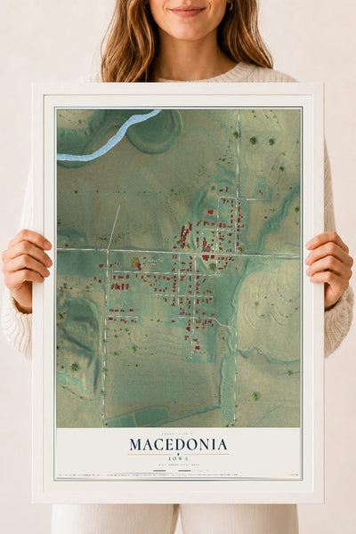 Map of Macedonia, Iowa, 18 x 24 inch print in a white wood frame
