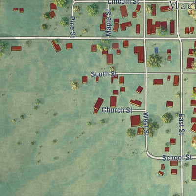 Close-up of the map of Macksburg, Iowa print showing street and building detail