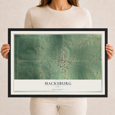Map of Macksburg, Iowa, 12 x 18 inch print in a black wood frame