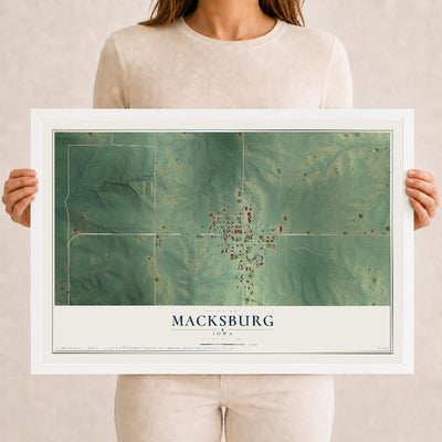 Map of Macksburg, Iowa, 12 x 18 inch print in a white wood frame
