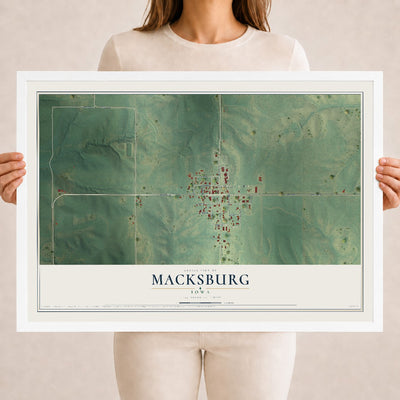 Map of Macksburg, Iowa, 18 x 24 inch print in a white wood frame