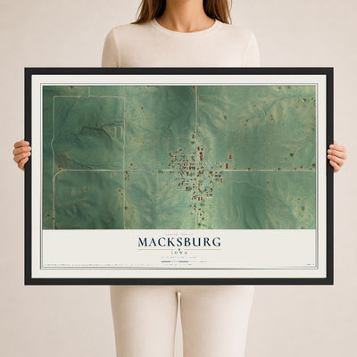 Map of Macksburg, Iowa, 24 x 36 inch print in a black wood frame