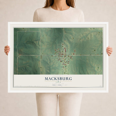 Map of Macksburg, Iowa, 24 x 36 inch print in a white wood frame