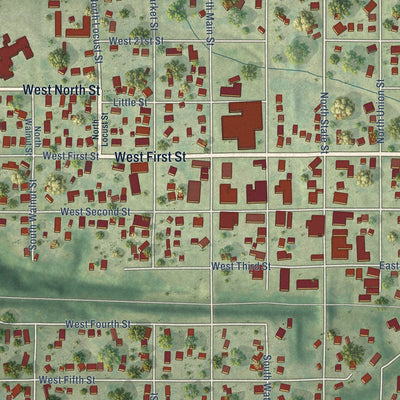 Close-up of the map of Madrid, Iowa print showing street and building detail