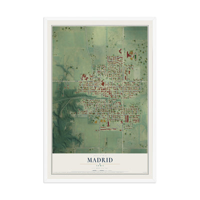 Map of Madrid, Iowa, 12 x 18 inch print in a white wood frame