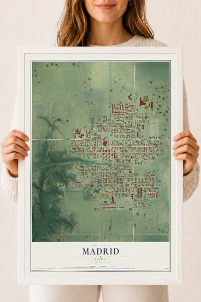 Map of Madrid, Iowa, 18 x 24 inch print in a white wood frame
