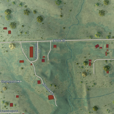 Second close-up of the map of Maharishi Vedic City, Iowa print showing more streets and buildings