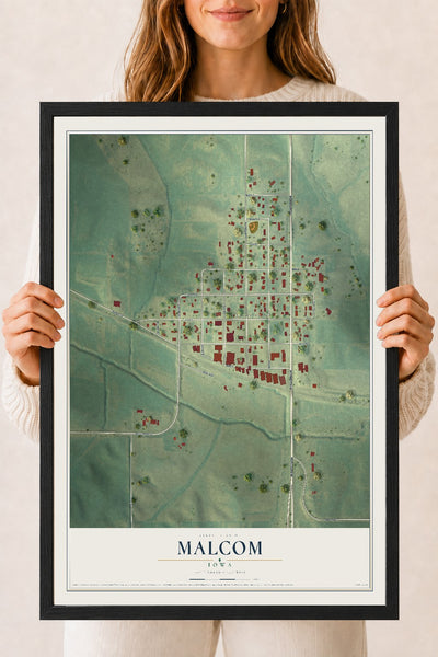 Map of Malcom, Iowa, 18 x 24 inch print in a black wood frame