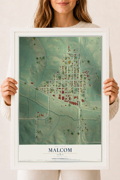 Map of Malcom, Iowa, 18 x 24 inch print in a white wood frame