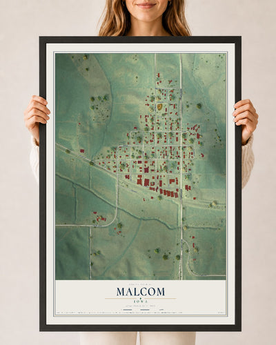 Map of Malcom, Iowa, 24 x 36 inch print in a black wood frame