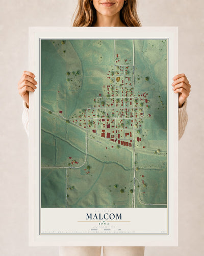 Map of Malcom, Iowa, 24 x 36 inch print in a white wood frame