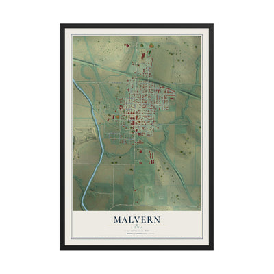 Map of Malvern, Iowa, 12 x 18 inch print in a black wood frame