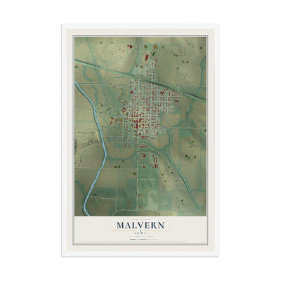 Map of Malvern, Iowa, 12 x 18 inch print in a white wood frame