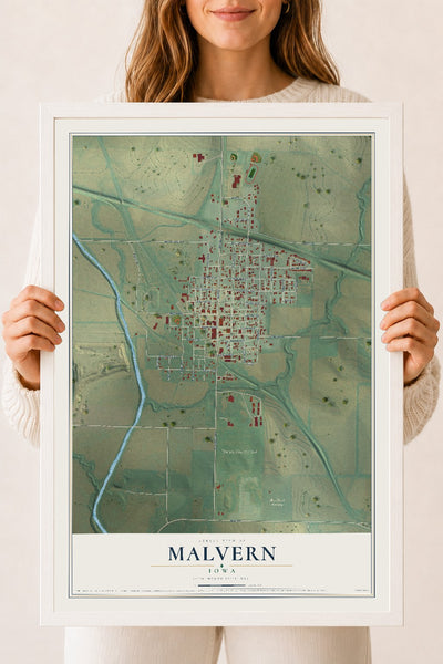 Map of Malvern, Iowa, 18 x 24 inch print in a white wood frame