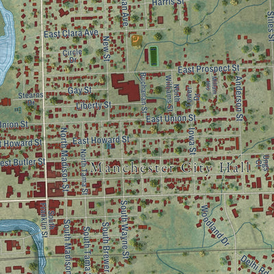 Close-up of the map of Manchester, Iowa print showing street and building detail