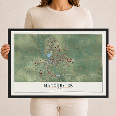 Map of Manchester, Iowa, 12 x 18 inch print in a black wood frame