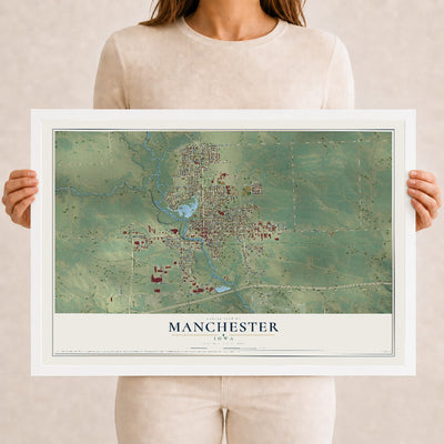 Map of Manchester, Iowa, 12 x 18 inch print in a white wood frame