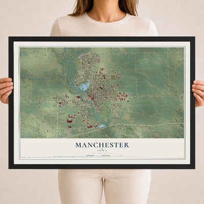 Map of Manchester, Iowa, 18 x 24 inch print in a black wood frame