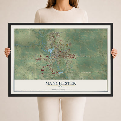 Map of Manchester, Iowa, 24 x 36 inch print in a black wood frame