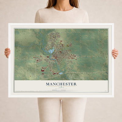 Map of Manchester, Iowa, 24 x 36 inch print in a white wood frame
