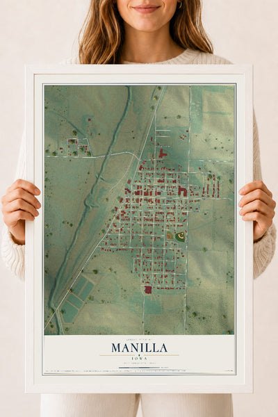Map of Manilla, Iowa, 18 x 24 inch print in a white wood frame